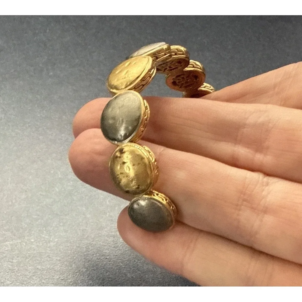 Rustic Cuff Mixed Metal Hammered Disc Open Cuff Bracelet Silver Gold Tone